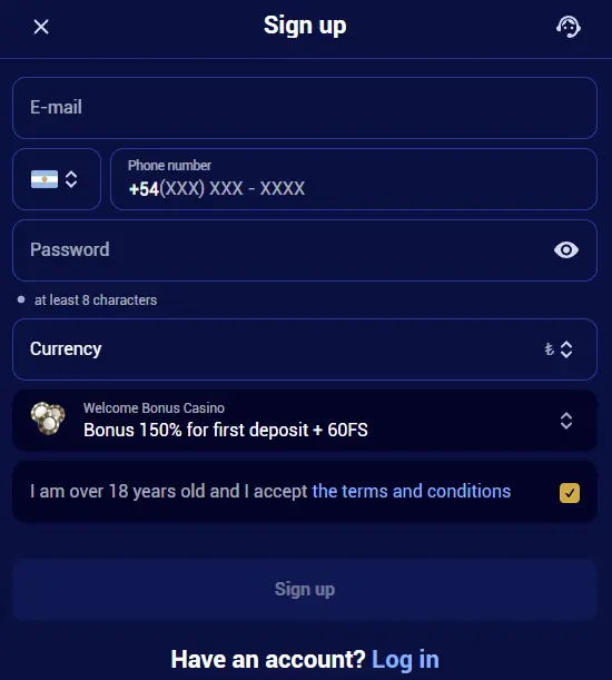 Create a Spinay Casino account - instructions